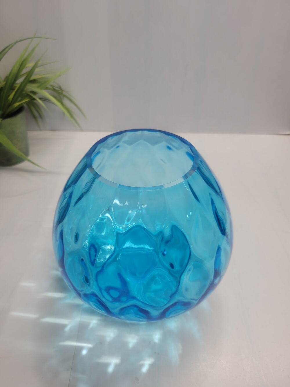 Vintage PartyLite Blue Waves Glass Candle Holder Vase Orb P9916 Made In Poland